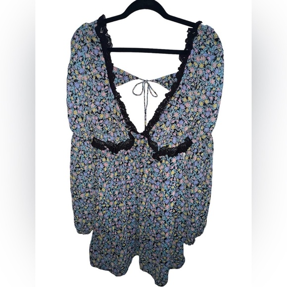 {NWOT Free People Pennie Black Floral Print Ruffle Long Sleeve Mini Dress Small} - Picture 3 of 10